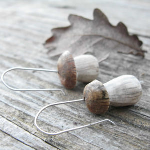 Handmade porcini earrings made from oak wood and silver